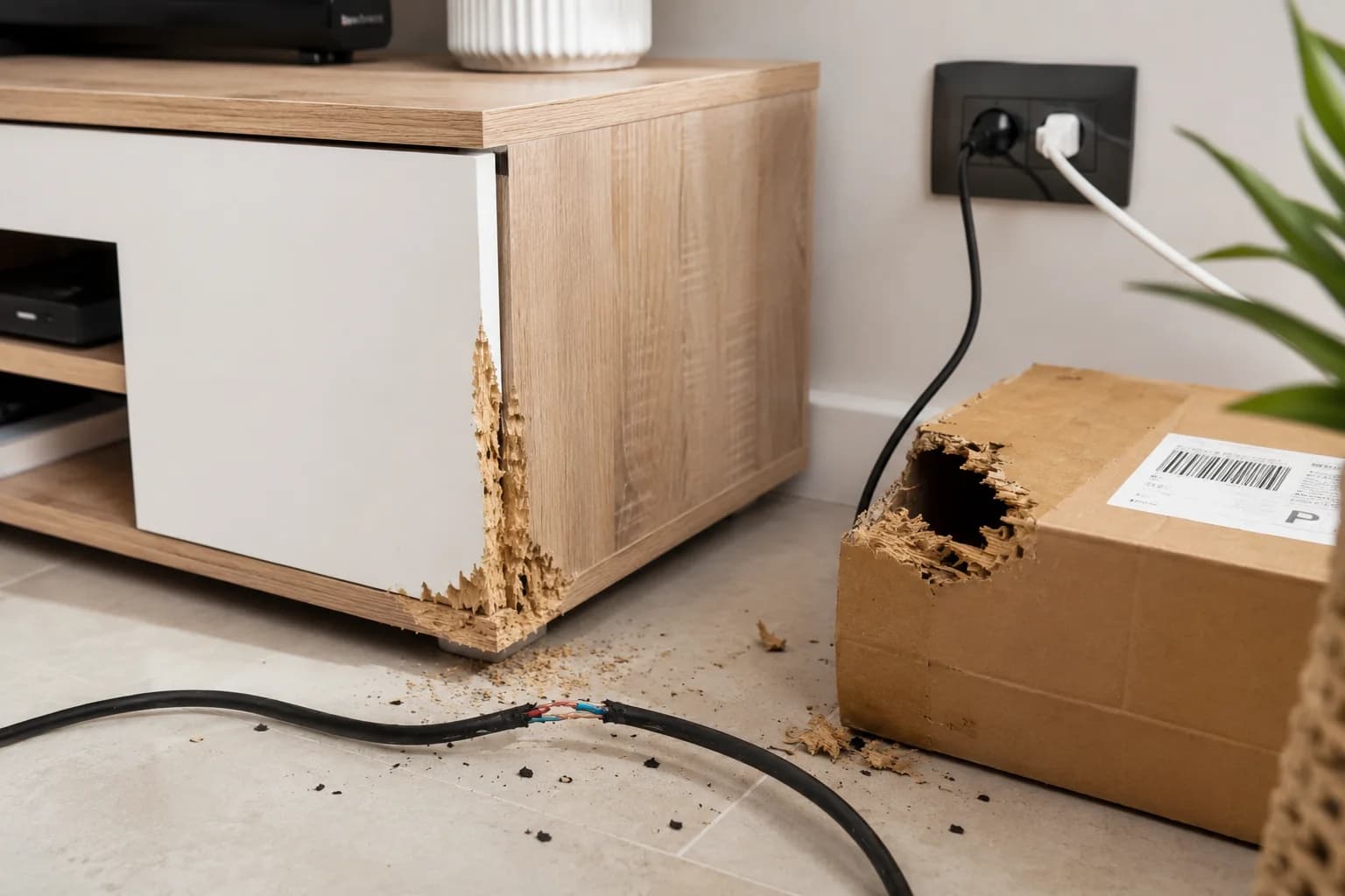 Gnaw marks on furniture, cables, and packaging