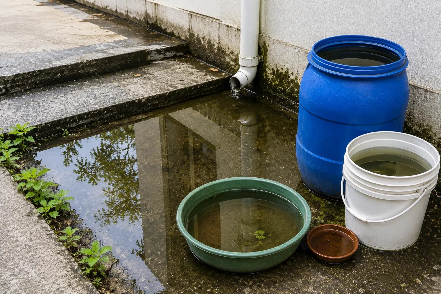 Stagnant water around buildings