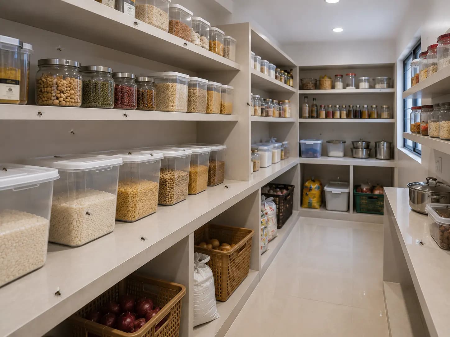 Flies around food storage areas