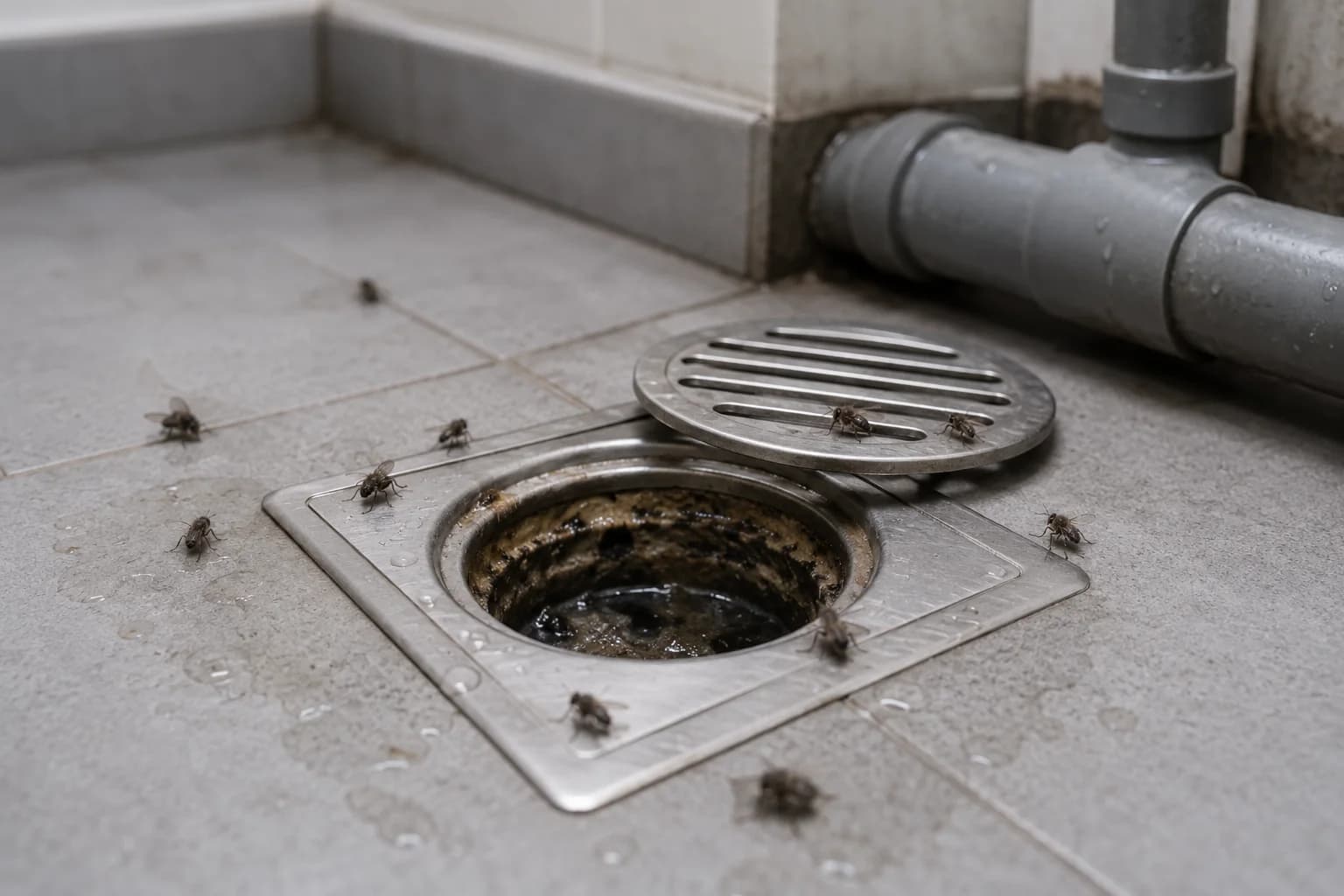 Flies near drains and sewage systems