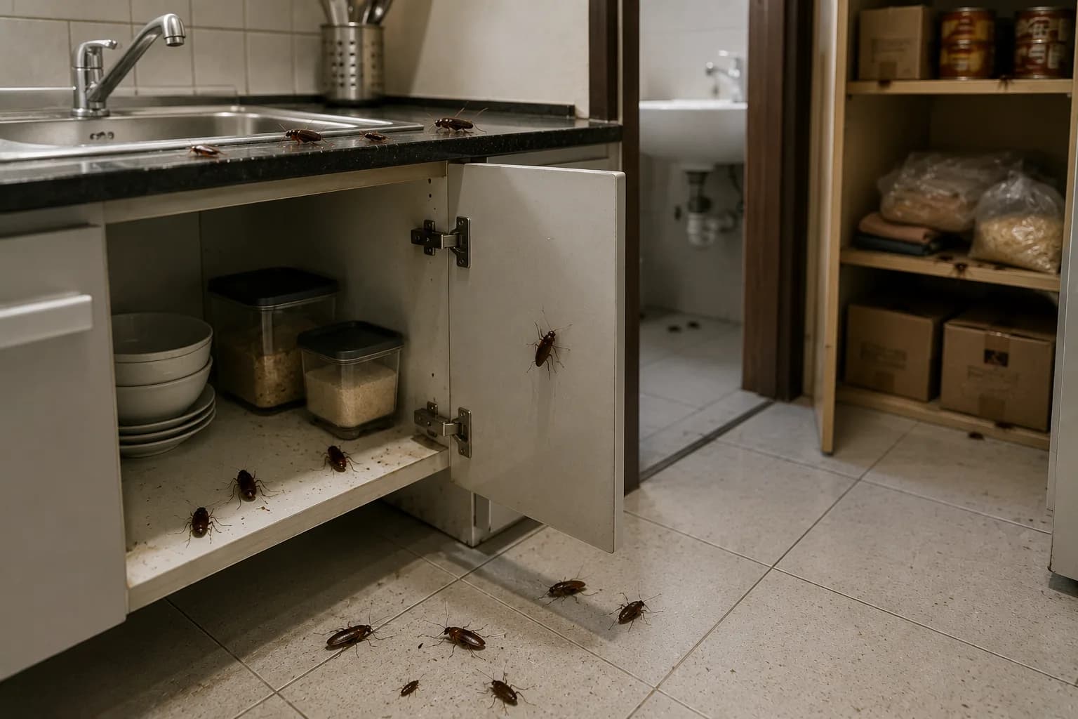 Live cockroaches in kitchens, bathrooms, or storage areas