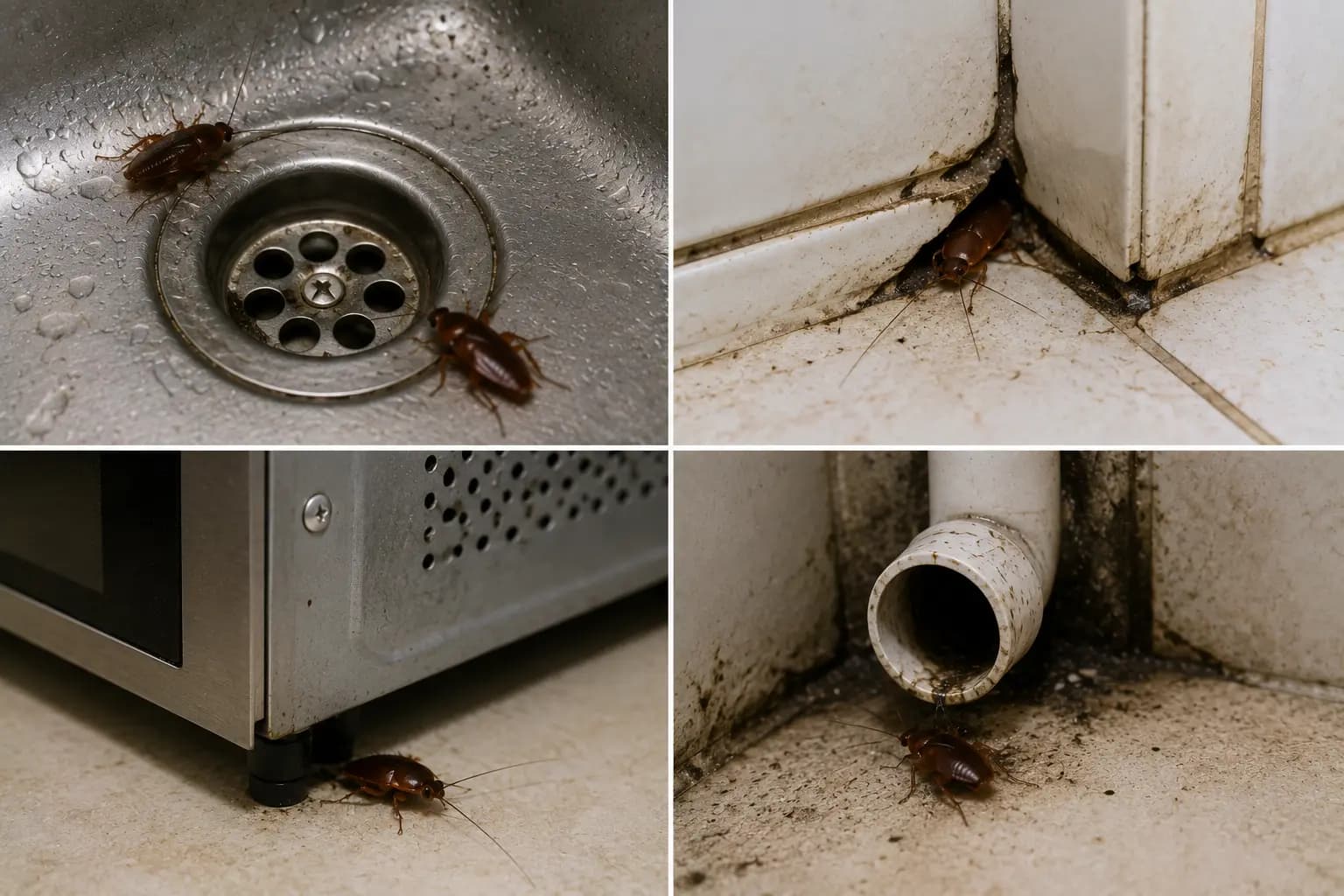 Sightings around drains, cracks, and appliances